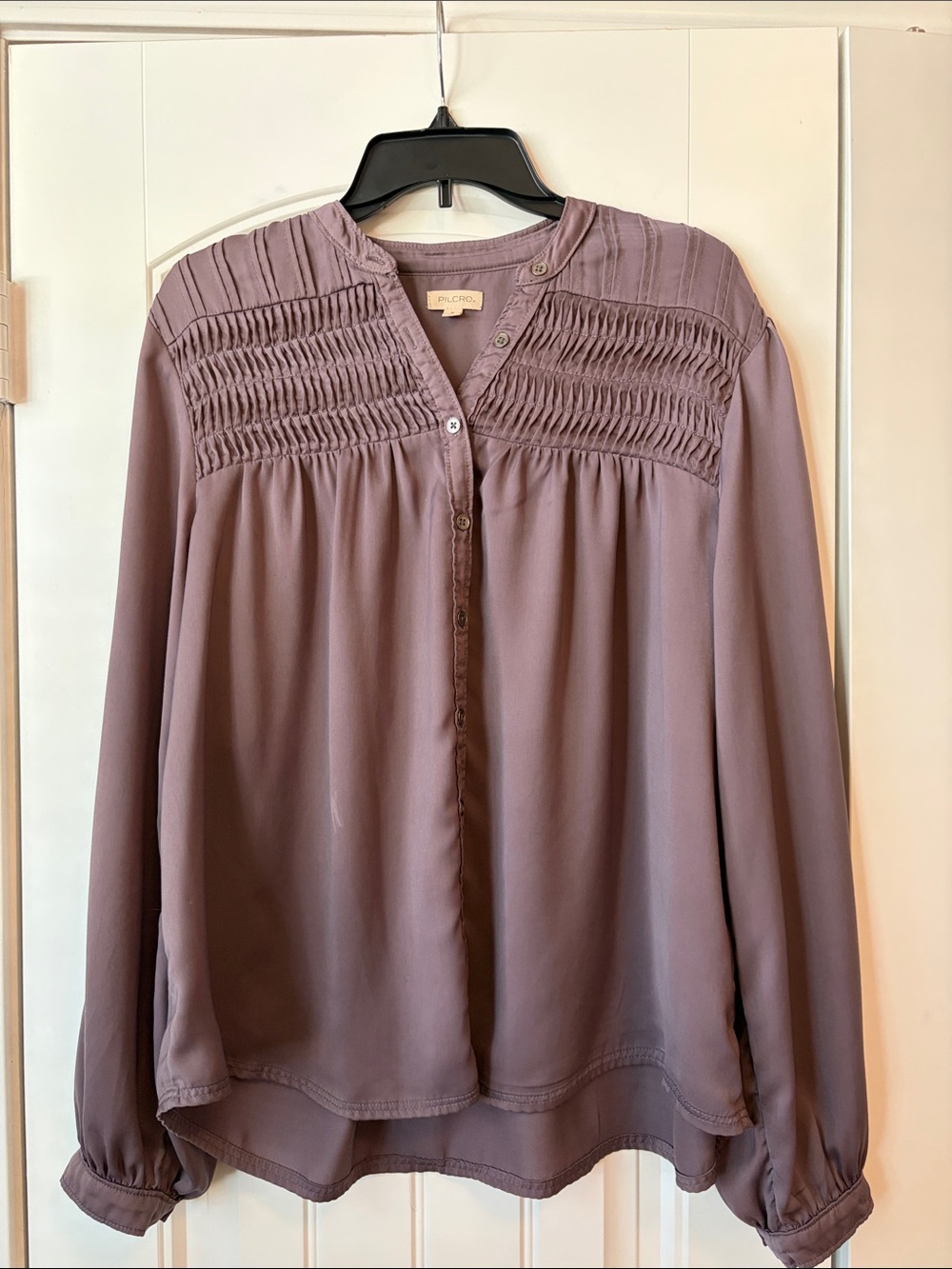Pilcro Mauve Smocked Yoke Button-Front Blouse